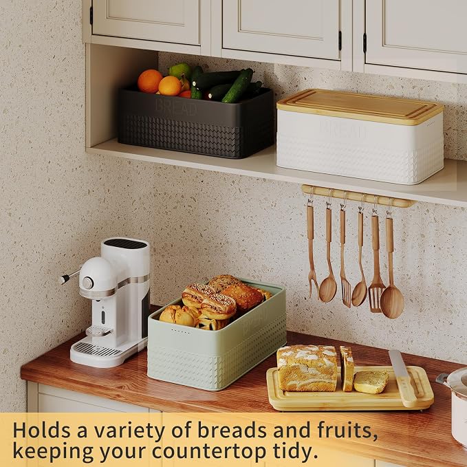 Bread Box for Kitchen Countertop,Metal Bread Storage Bin with Bamboo Cutting Board Lid, Includes Bread Knife, Fits Sourdough & Buns, Stylish Organize (Green)