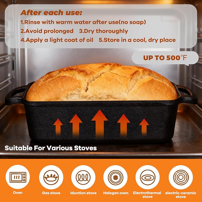 GRMImosa Cast Iron Loaf Pan 11x5 Inch with Lid, 5.8 Qt Bread Pan, Black | Heavy-duty Large Cast Iron Loaf Pan with Lid for Sourdough Bread, 5.8 Qt Pre-Seasoned Baking Pan, Even Heat Distribution