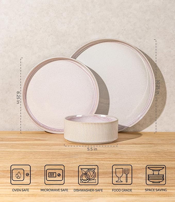 Ceramic Dinnerware Set for 4, 12-Piece Plates and Bowls Set | Lightweight Porcelain Dish Set, Scratch Resistant, Oven & Microwave & Dishwasher Safe, Primrose Pink
