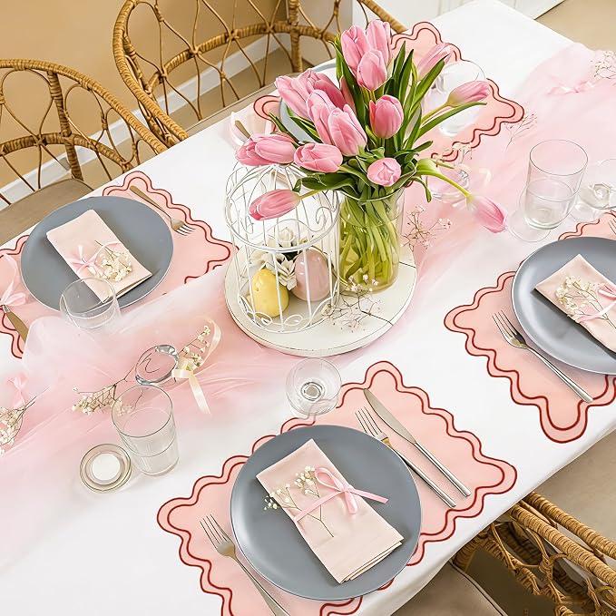 Whaline Vintage Red Pink Linen Placemats Embroidered Scalloped Kitchen Place Mats for Birthday Party Home Dining Table Decor, Set of 6, 13 x 19 in