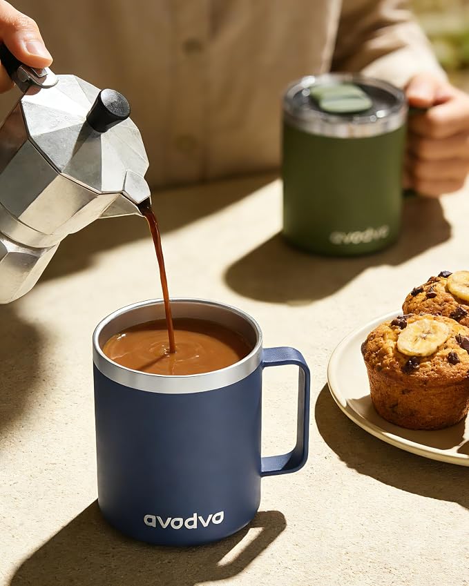 2 Pack 12oz Insulated Coffee Mug with Lids – Double Wall Stainless Steel Travel Cups with Handle, Keep Hot & Cold Drinks, Ideal Gift for Coffee Lovers, Home, Office & Camping, Navy Blue