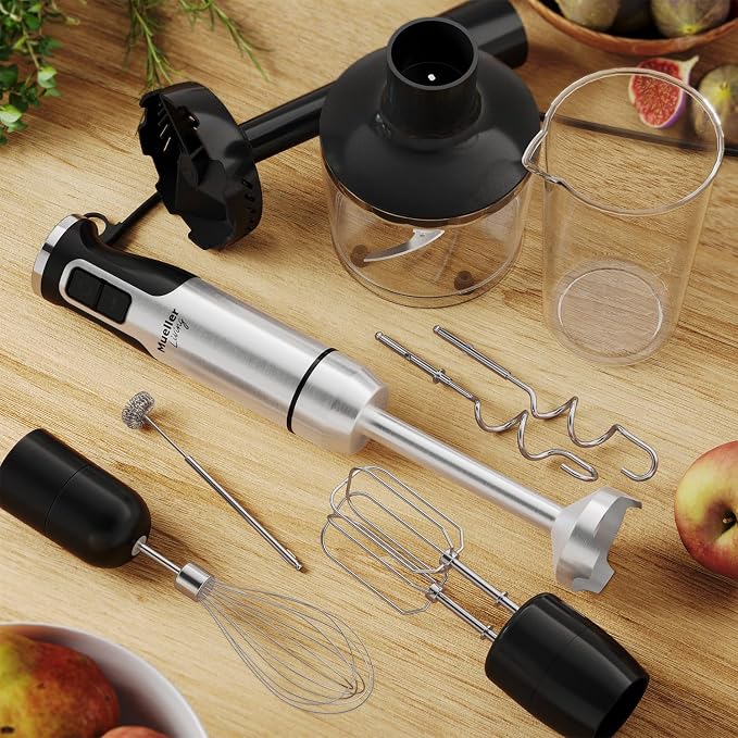 MuellerLiving Immersion Hand Blender - Full Set 7 Attachments, 8 speed | Mixer with 7 Attachments: Stainless Steel Blade, Whisk, Milk Frother, Beater, Mixing Hooks, Potato Masher, Chopper Bowl