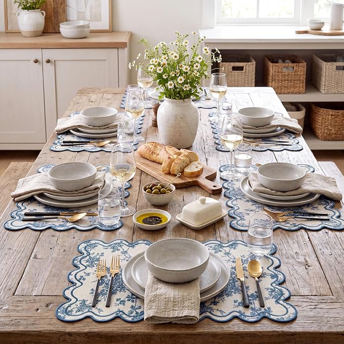 HunnmingRe Blue Floral Set of 6 Cotton Linen Wedding Placemats, 13x19 Inch Scalloped Wavy Embroidery Placemat Double Layered Washable Rustic Rectangle Dinner Table Mat for Home Decor
