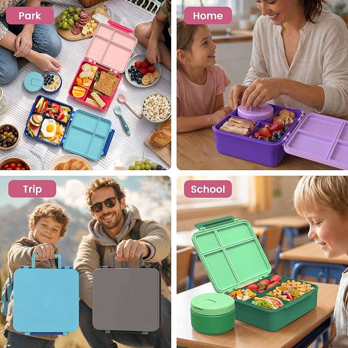 LOHASOK Bento Lunch Box for Kids with 8oz Soup Thermo, Pink | 4-Compartment, Leak-Proof Lunch Containers with Insulated Food Jar and Silicone Foldable Spoon Fork