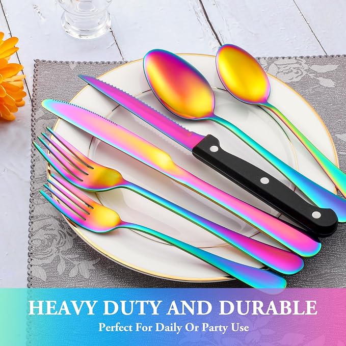 24 Pcs Rainbow Silverware Set with Steak Knives, Stainless Steel Flatware Cutlery Set for 4, Kitchen Tableware Sets, Utensil Sets for Home and Restaurant, Dishwasher Safe