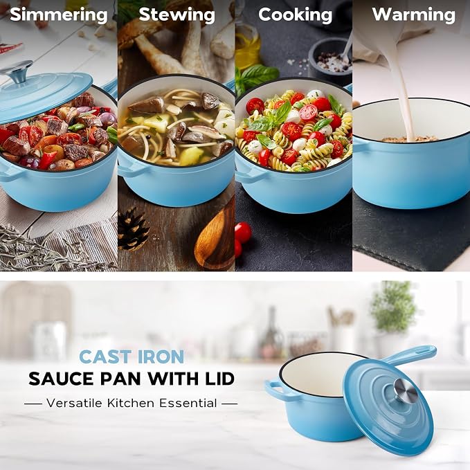 Onader 1 Quart Saucepan, Enameled Cast Iron Sauce Pan Pot, Small Kitchen Pot for Cooking with Lid, Enamel Dutch Oven Nonstick – Lake Blue