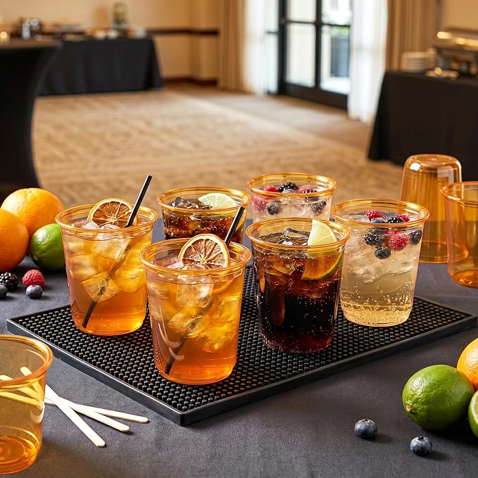 WELLIFE 100 Pcs 12 oz Clear Orange Plastic Cups | Disposable Cocktail Glasses Stemless Wine Punch Cups for Cold Drinking Party Supplies Graduation Thanksgiving Day