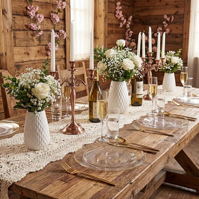 150Pcs Clear Plastic Plates,Premium Disposable Plates for Party | Clear Plates Set with Gold Rim Include 30 Dinner Plates,30 Dessert Plates, 90 plastic Silverware Set for Wedding