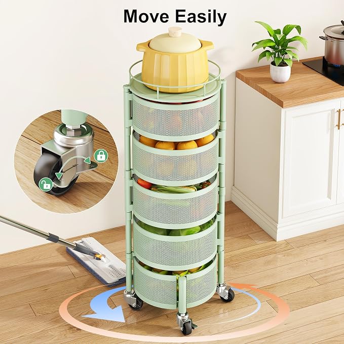 SAYZH 5 Tier Fruit Vegetable Basket Stand for Kitchen, Rotating, Green | Rolling Storage Cart with top lid, Large Metal Wire Rack for Potato and Onion Storage