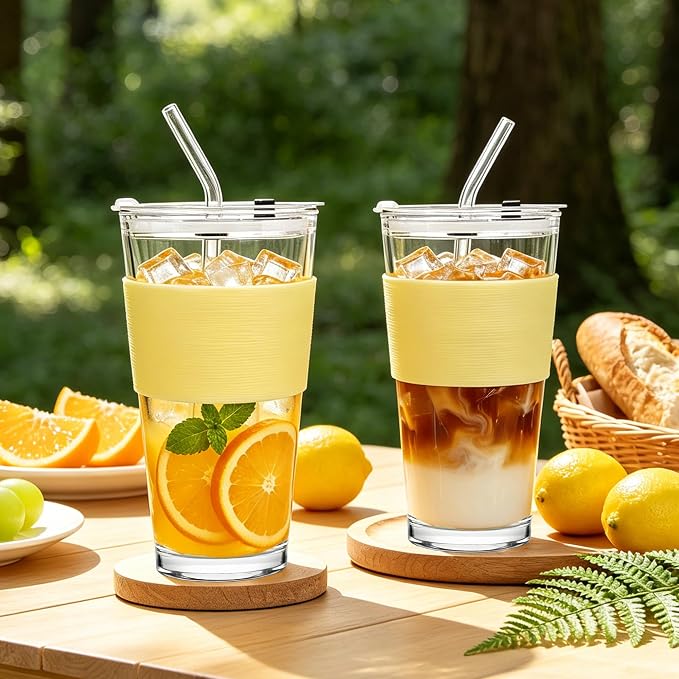 Birity 16oz Glass Cup with Lid and Glass Straw,Set of 2 Thickened Glass Coffee Tumblers with Silicone Sleeve,Reusable Iced Coffee Cups for Smoothie、Soda Water、Juice、MilkSshake、Travel Cup