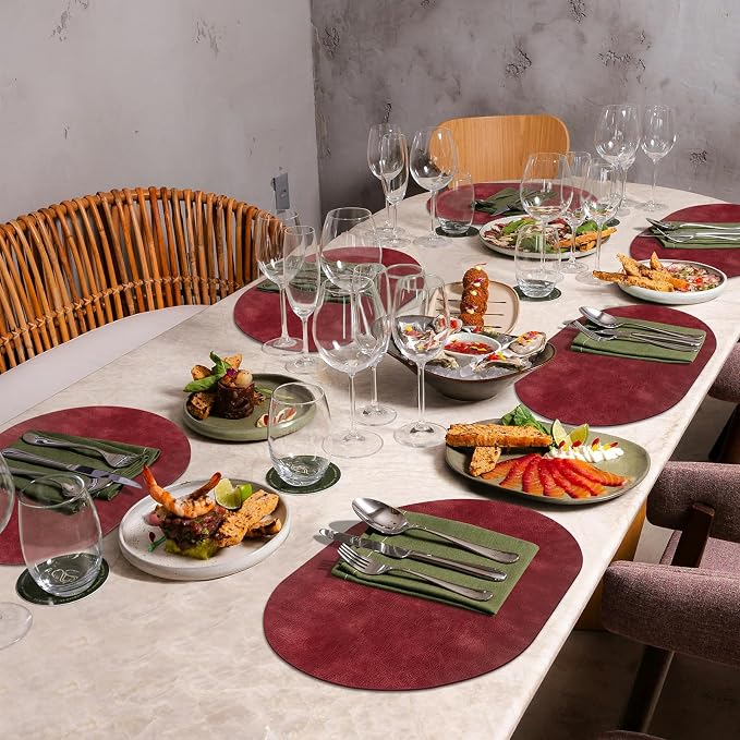 ADRIMER Placemats, Heat Resistant Oval Placemats Set of 4 Washable 12 x 17 Inch, Waterproof Table Mats, Wipeable Pu Place Mats for Kitchen, Dining Room, Wine Red
