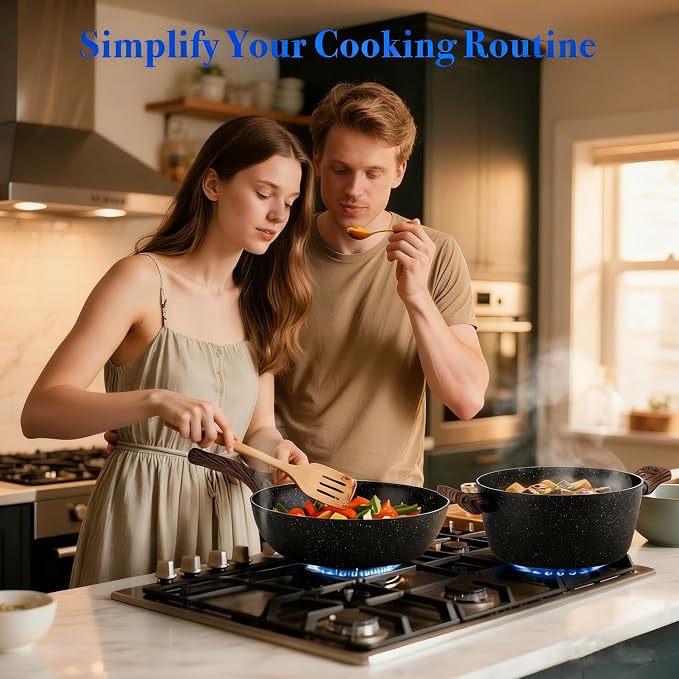 Simple Deluxe 17Pcs Ceramic Cookware Set, Nonstick & Non-Toxic Healthy Pots and Pans, Heat-Resistant Handles, Induction Cookware Sets with Frying Pans, Black