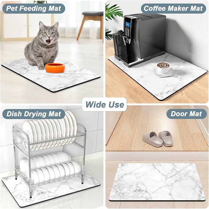 Rnivvi Coffee Mat, 12" x 19" Cute Marble Style Coffee Bar Mats for Espresso Machine Station Accessories and Organizer, Hide Stain Rubber Backed Absorbent Dish Drying Pad for Kitchen Counter,Gray White