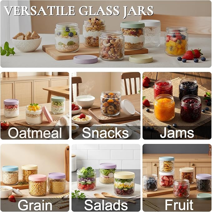 4 pack 16 oz Overnight Oats Containers with Lids, Glass Food Storage Container, Airtight Salad Jars, Mason Jars for Overnight Oats, Yogurt, Oatmeal, Salad, Coffee, Spices
