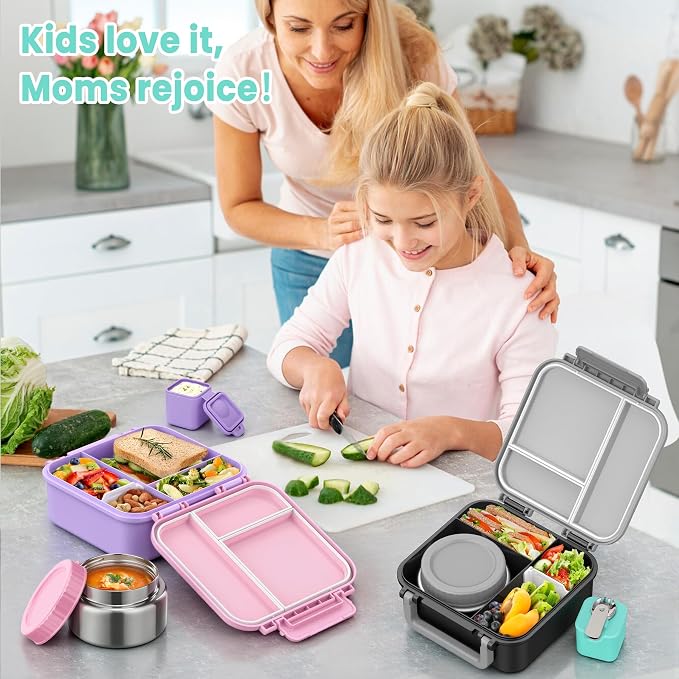 Bento Box for Kids with Food Thermo,Leak-proof Lunch Container | 4 Compartment Kids Lunch Box,9oz Insulated Hot Food Jar,Built-in Utensil for Boys Girls Toddler to School Travel-Black Gray