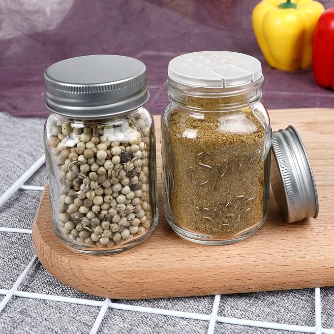 30 Pack 4oz Glass Mason Spice Jars Bottles | Empty Round Spice Containers with Silver Airtight Metal Caps and Pour/Sift Shaker Lid