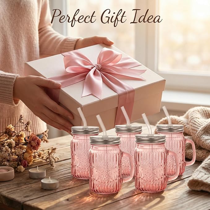 DaYammi 16 oz Mason Jars with Lids and Straws, 6 Pack Pink Vintage Drinking Glasses, Leak Proof Iced Coffee Cups for Daily Use & Party