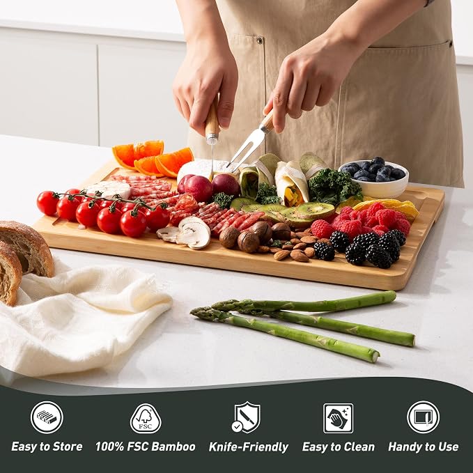 Bamboo Cutting Board Set Non Slip Feet with Holder Over Sink Kitchen Gadgets Charcuterie & Chopping Board Apartment Essentials New Home Must Haves Things Stuff Accessories House Housewarming Gifts