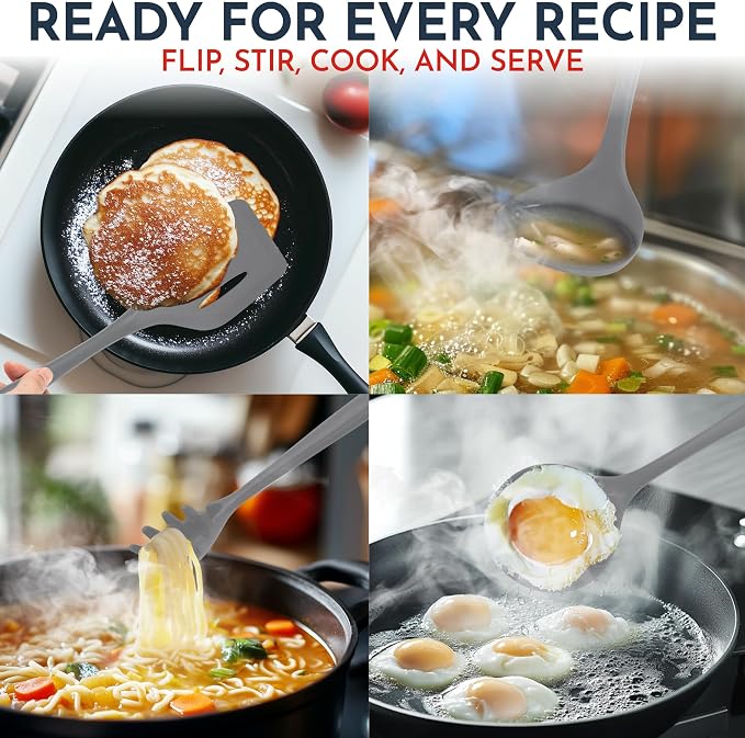 Culinary Couture Grey Silicone Kitchen Utensils Set of 6, Non-Stick Heat-Resistant Silicone Kitchen Utensils Set with Steel Inner Core