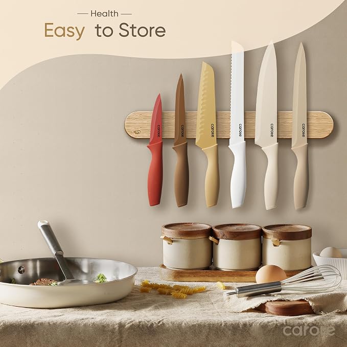 CAROTE Knife Set, 12 Pieces Kitchen Knife Set, 6 Stainless Steel Knives with Blade Guards & Nonstick Ceramic Coating, Rustproof, Color-Coded, Ergonomic Handles (Pack of 2)