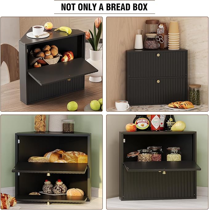Trironsun Corner Bread Box for Kitchen Countertop Bamboo Two Layer Large Capacity Bread Storage Bin Vintage Storage for Homemade Bread (Black)