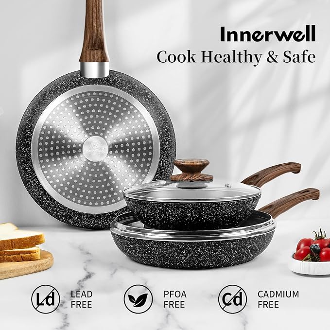 Innerwell Nonstick Ceramic Frying Pans Skillets Set with Lid 8"+9.5"+11" | No Toxic Egg Omelette Frying Pan Set, All Stove Compatible, Healthy Granite Induction Cooking Pan, PFOA & PFAS Free