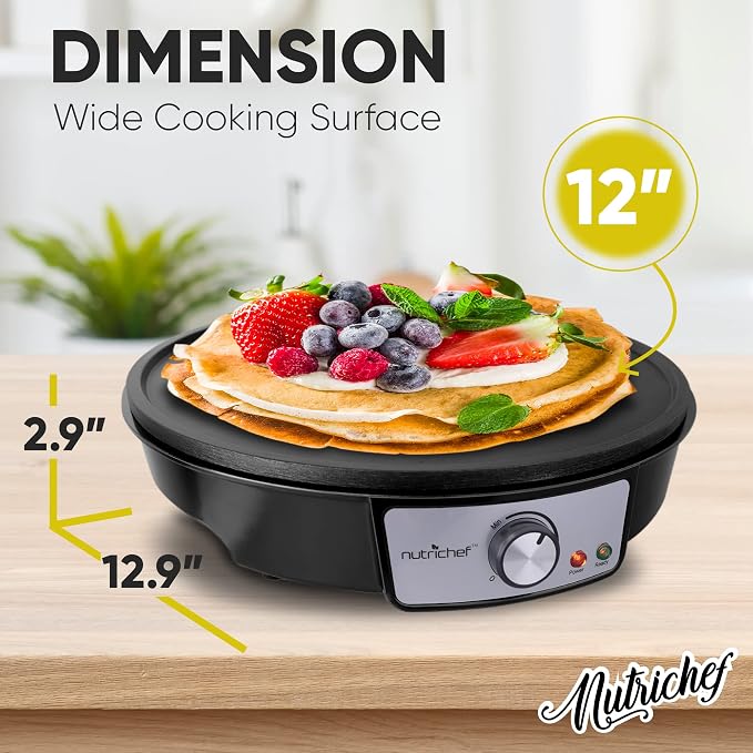 Nutrichef Electric Crepe Maker Pan & Griddle | 12 Inch Nonstick Cooktop | LED Indicators & Adjustable Temperature Control | Includes Spatula, Batter Spreader | Cooks Crepes, Roti & Pancakes