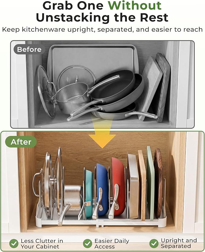 EVERIE Adjustable Bakeware Organizer Pot Lid Holder Rack for Pots, Cake Molds, Cutting Boards, Mats, Cookware, GS02SS, Pack of 2