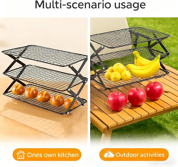 3-Tier Collapsible Cooling Rack with Adjustable 3 Setting, Wire Cooling Roasting Cooking Baking Drying Rack for Cookies Bread Turkey, Candy, Fruit, Snacks