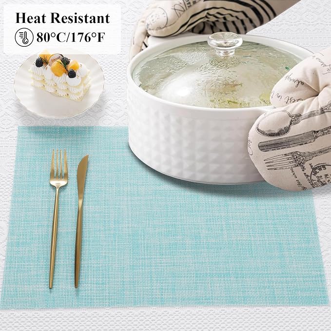 SHACOS Placemats Set of 6 Woven Vinyl Place Mats Wipeable Heat Resistant Washable Table Mats Indoor Outdoor, Blue