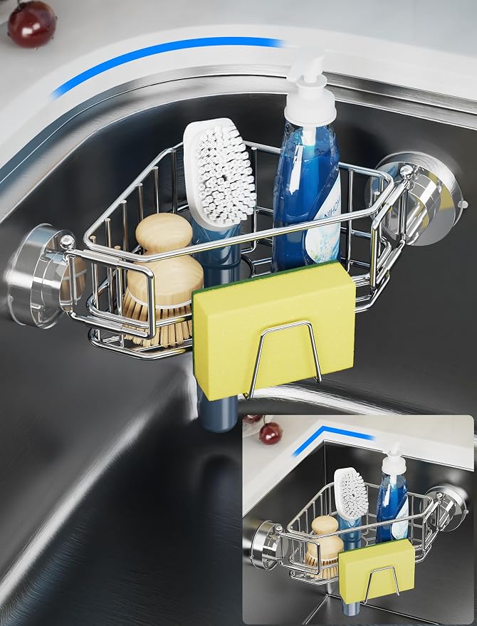 NiHome Corner Sink Caddy, 304 Stainless Steel, Twist-Lock Suction Cup | Repositionable Vacuum Mount And Adjustable Arm Fit Diverse Sinks Saving Countertop Space