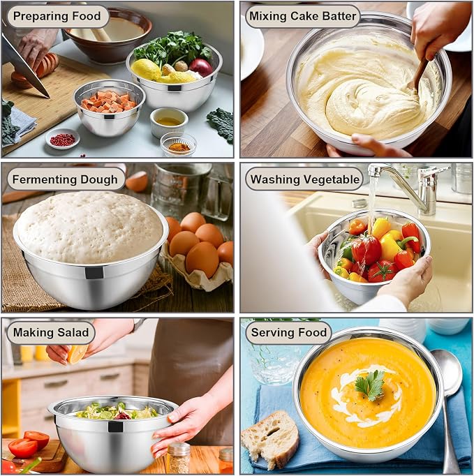 P&P CHEF Mixing Bowls with Lids Set of 6, Nesting Salad Bowl, Khaki | Stainless Steel Bowl & 3 Grater Attachments & Plastic Lid, For Prepping Baking Storing, Sizes with 4.6/2.6/2/1.5/1/0.7 QT