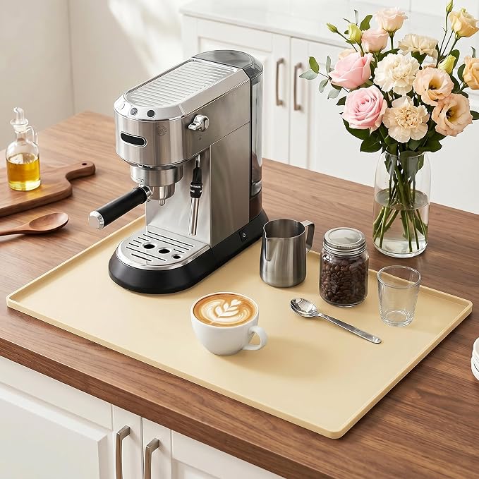 Golener Coffee Bar Mat, Silicone Coffee Mat with Raised Edges, 24"x16" | Coffee Mat for Countertop, Waterproof Coffee Station Mat, Dish Drying Mat Under Rack, Heat Resistant Coffee Machine Mat,Beige