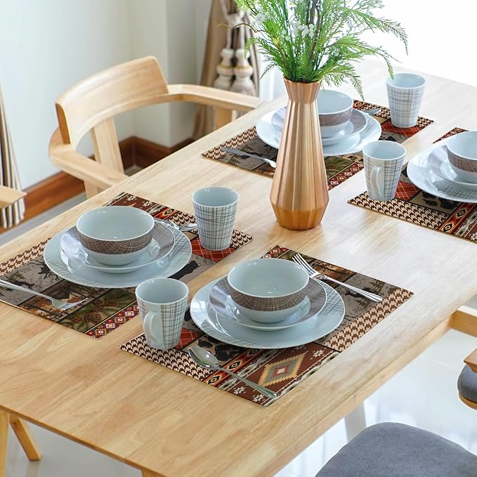 Rustic Lodge Bear Deer Placemats Set of 4, 12x18 Inch Vintage Cabin Pine Cone Wild Animal Place Mats Boho Style Country Heat Resistant Table Mats for Holiday Party Kitchen Dining Table