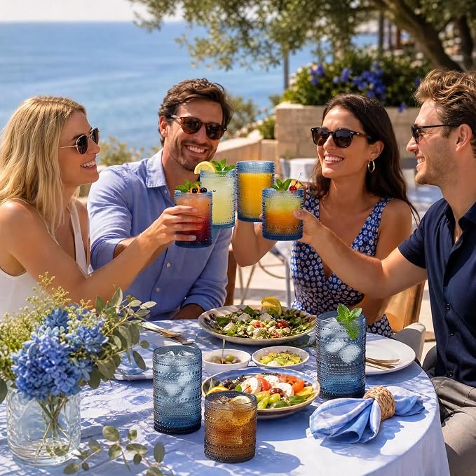 Hobnail Drinking Glasses Set of 12 Kitchen Glass Cups Glassware, Blue | 12 oz Highball Glasses & 10 oz Cocktail Glasses, Clear Embossed Glassware Set for Beer, Juice, Cocktail, Whiskey, Milk