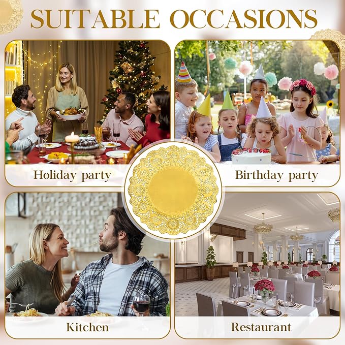 Gueevin 200 Pcs Gold Paper Placemats Disposable Lace Round Paper Placemats Decorative Disposable Placemat Doilies for Dining Wedding Table Decoration Festive Party Birthday Holiday (Gold,12 Inch)