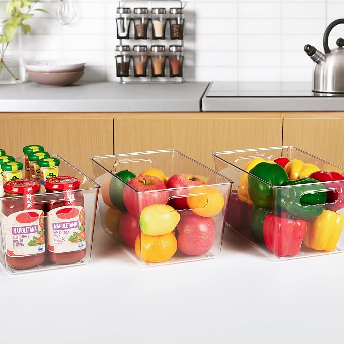 YIHONG Clear Plastic Storage Organizer Bins, 4 Pack Pantry Food Storage Bins with Handle for Kitchen,Refrigerator, Freezer,Cabinet Organization and Storage | Plastic Bins, Pantry Storage Containers for Kitchen, Freezer, Cabinet, Closet, Bathroom, Under...