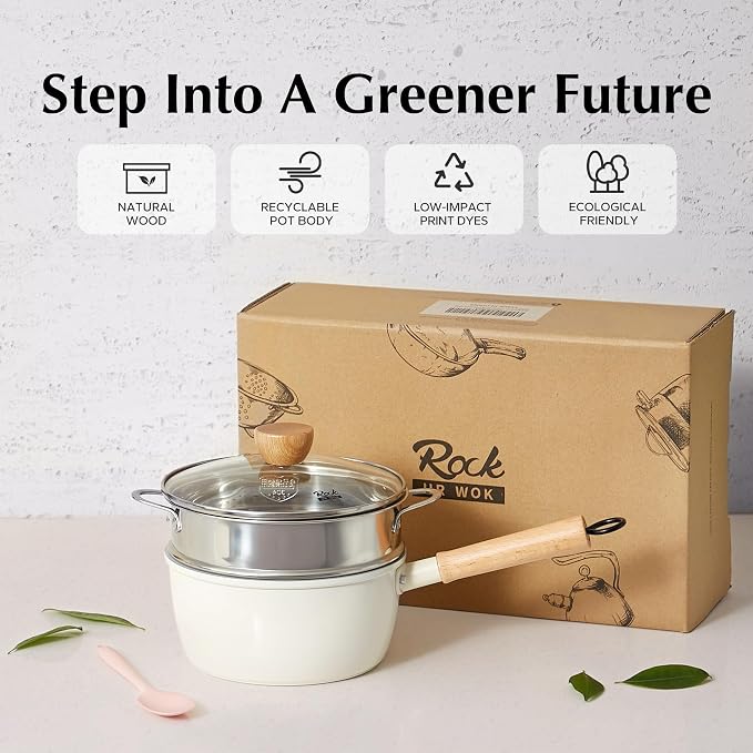 ROCKURWOK Ceramic Nonstick Sauce Pan, 3 QT Pot with Steamer, Non Toxic & PFAS-Free, Wooden Handle for Cool Touch, Universal Base(Gas, Electric & Induction), White