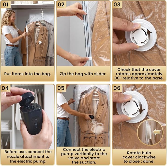 TAILI Hanging Vacuum Storage Bags for Clothes,6 Combo with Pump | Vacuum Seal Bags for Clothing Travel, Electric Pump, Winter Clothes Storage Closet Organizers, Coats, Suits and Jackets