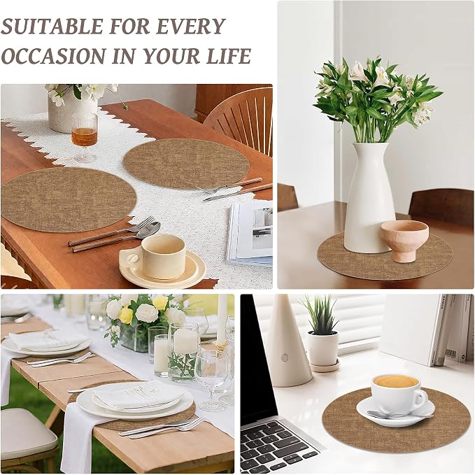 13" Round Placemats Set of 12, Reversible Faux Leather Wipeable Table Mats | 2mm Vinyl Heat Resistant Waterproof Oilproof Scratch Proof Non-Slip, Washable for Kitchen Dining Indoor Outdoor (Light Brown)