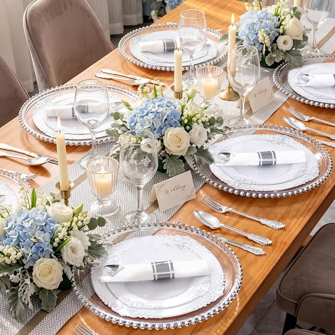 400PCS Pre Rolled Silver Plastic Silverware Sets Fancy for Wedding | Individually Wrapped Utensils, 100 Guests, Durable and Sturdy, BPA free, Includes Matching Napkins, for Formal Party Dinners