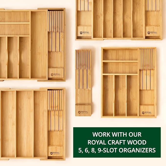 ROYAL CRAFT WOOD Luxury Bamboo Kitchen Drawer Organizer - Silverware Organizer - Utensil Holder and Cutlery Tray with Grooved Drawer Dividers for Flatware and Kitchen Utensils (5 Slot, Natural)