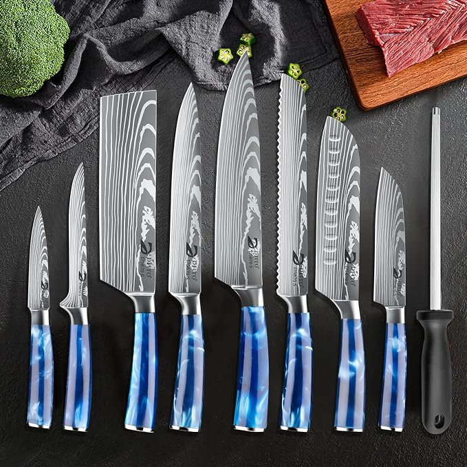 Chef Knife Sets with Roll Bag, 9 Pieces Professional Knife Set | High Carbon Stainless Steel Kitchen Chef Knife Set with Sharpener, Blue Resin Handle, Kitchen & Home Cooking, Dishwasher Safe