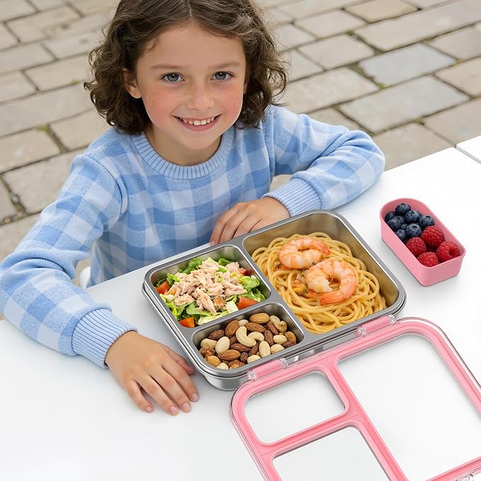 Stainless Steel Bento Box for Kids, 3-Compartment Metal Lunch Box with Clear Lid & Removable Silicone, Lunch Box Kids with Silicone Inner Container for Meal Prep, School, Office (Pink)