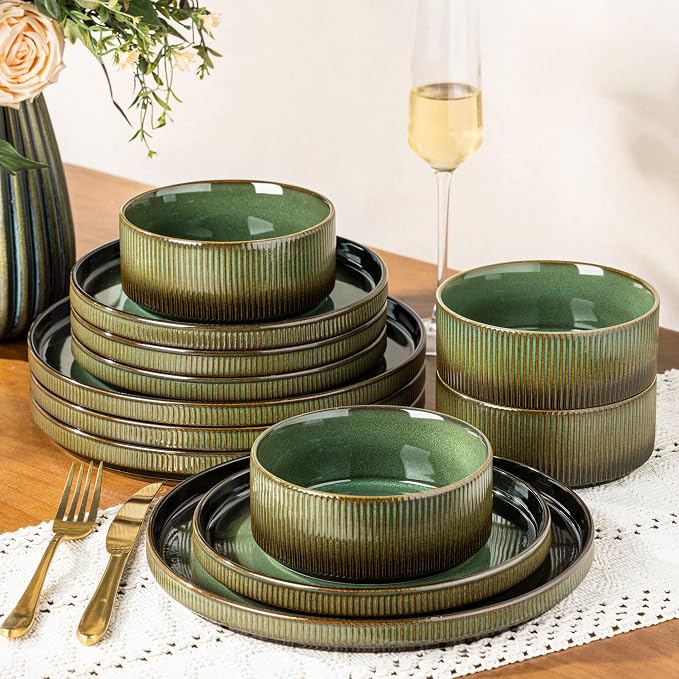 GBHOME Stoneware Dinnerware Sets for 4, 12-Piece Plates and Bowls Set | Handmade Reactive Glaze Ceramic Dish Set, Scratch Resistant, Dishwasher&Microwave Safe,Mocha & Green