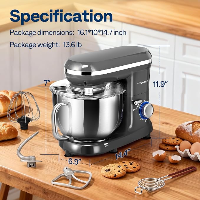 VIVOHOME Stand Mixer, 6-Quart Tilt-Head Kitchen Mixer with Bowl, Gray | 10 Speeds, Dough Hook, Beater, Whisk, Splash Guard, Egg Separator, for Cake & Bread