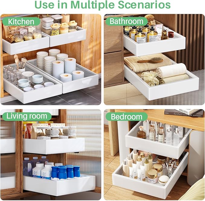 Pull out Cabinet Organizer,21"Deep, 20"Wide Heavy Duty Full-Extension Slide out Drawers Fixed with Nano Adhesive,Roll Out Shelves Sliding Cabinet for Kitchen,Bathroom,Pantry,under sink Storage(White)