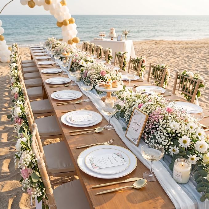 150 Gold Plastic Plates, White and Gold Disposable Plates for Party | Gold Plastic Plates ,White Plates with Gold Rim Set Include 30 Dinner Plates,30 Dessert Plates,90 Gold Cutlery for Wedding