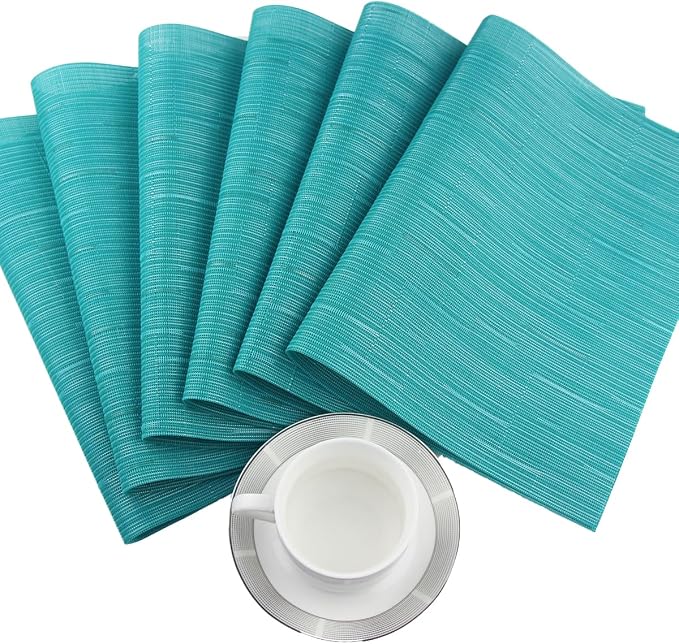 PIGCHCY Placemats Set of 12 Washable Durable Place Mats Vinyl Heat Resistant Non-Slip Table Mats Indoor Outdoor (Turquoise)