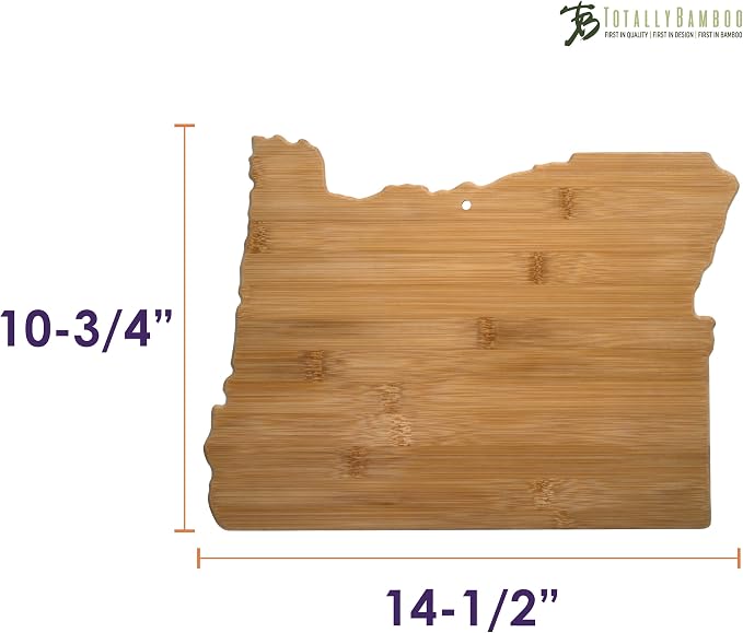 Totally Bamboo Oregon State Shaped Bamboo Serving and Cutting Board | State charcuterie board with natural bamboo grain. Knife-friendly surface for food prep. Hang tie for wall display.